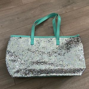 H&M green silver glitter patent leather vinyl purse should strap tote bag